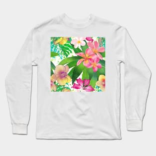 Tropical flowers and leaves watercolor summer print. Plumeria, Orchids, Bauhinia vibrant exotic flowers Long Sleeve T-Shirt